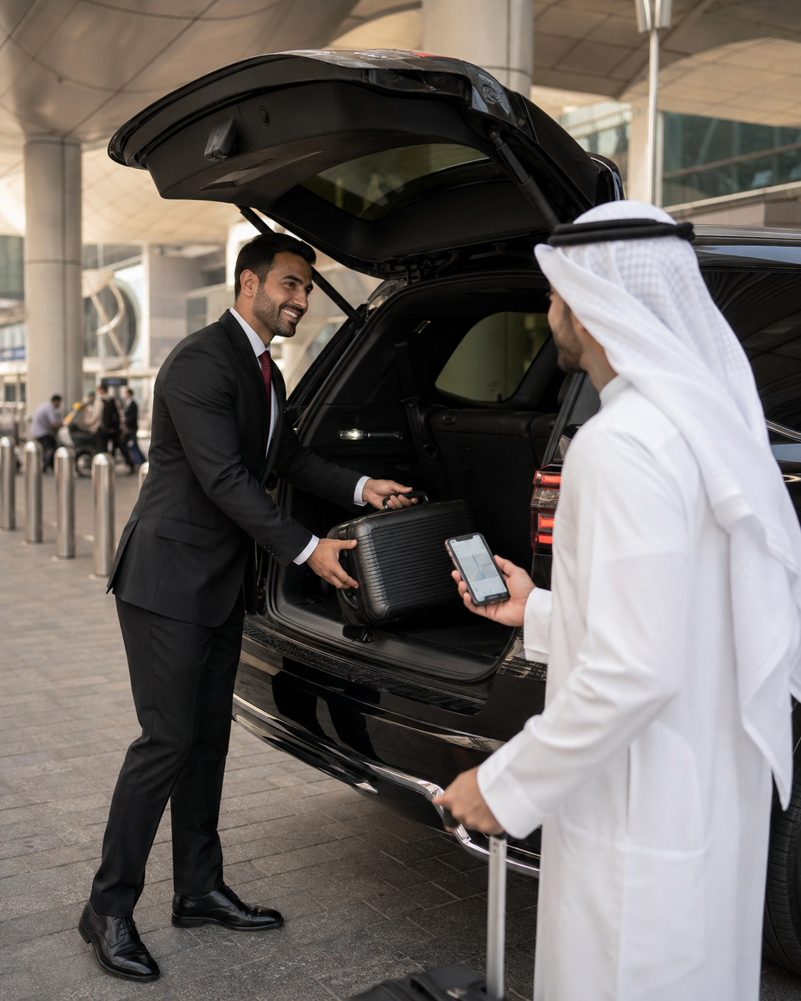 Professional chauffeur assisting an airport passenger with luggage